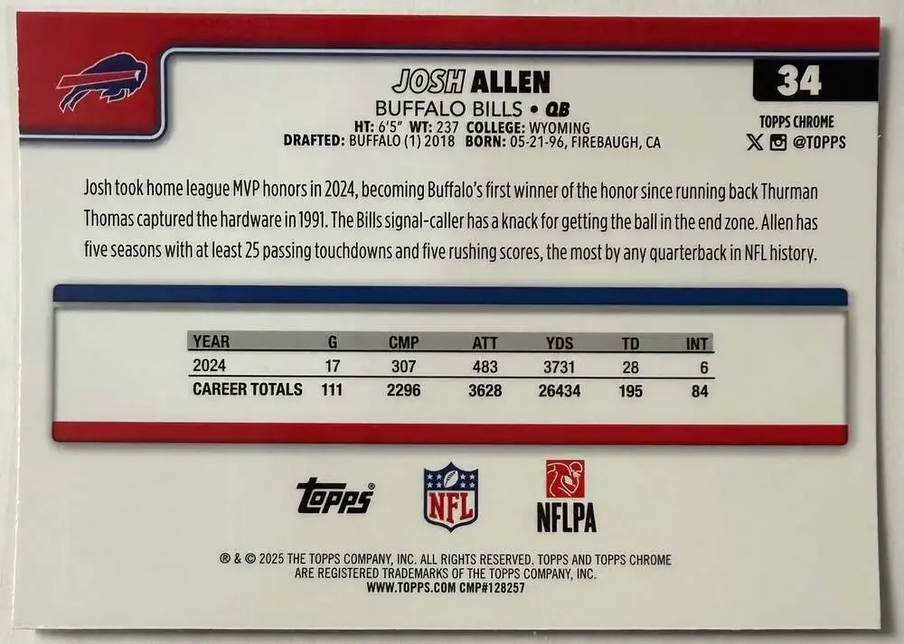 Josh Allen 2025 Topps Chrome Buffalo Bills #34 Pulsar Refractor Football Card